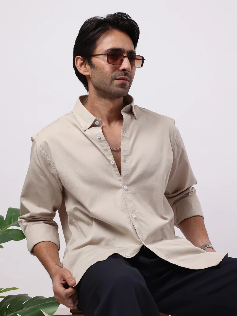 مانياك Maniac Mens Solid Collared Neck Full Sleeve Soft Twill Fabric Biscuit Shirt